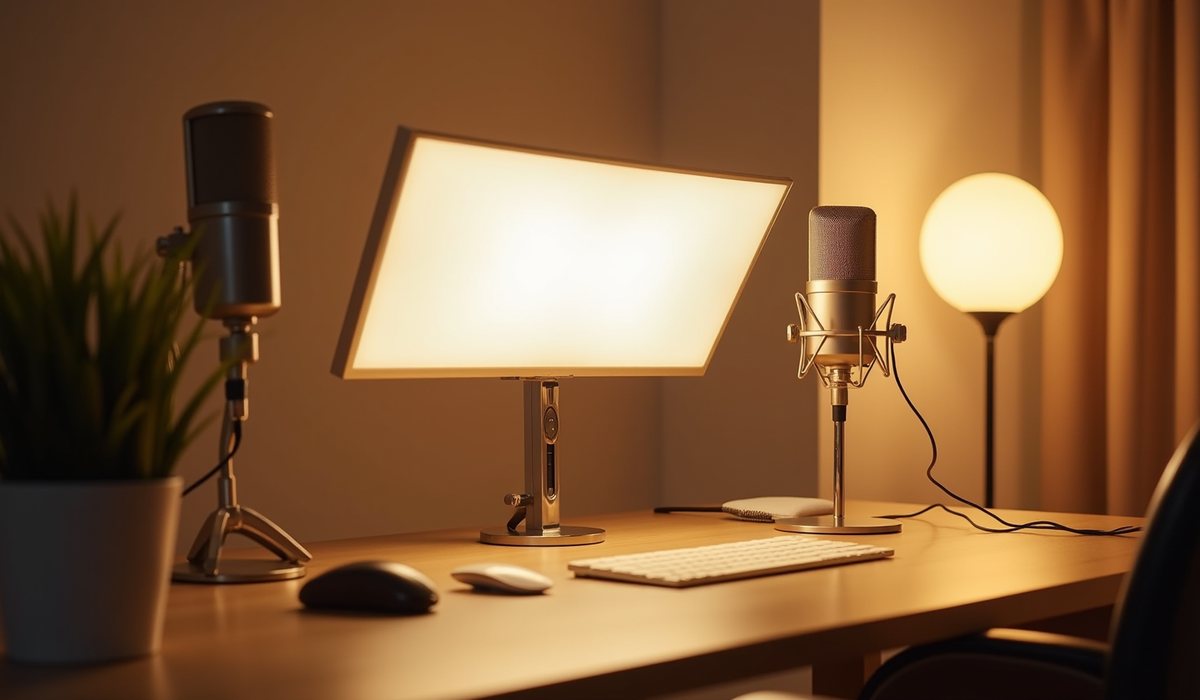 A finished home live-streaming studio with warm professional lighting