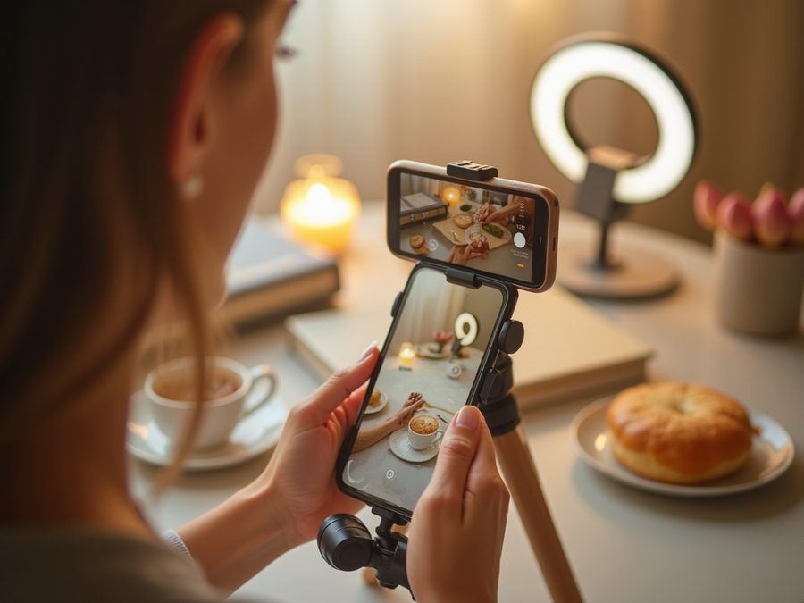 Filming content on a phone with a small light